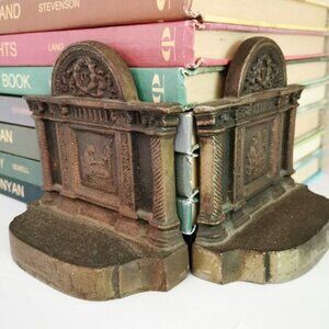 Woman Sewing Cast Iron Bookends HEAVY Greek Columns Ornate Decor Book Shelf Pair